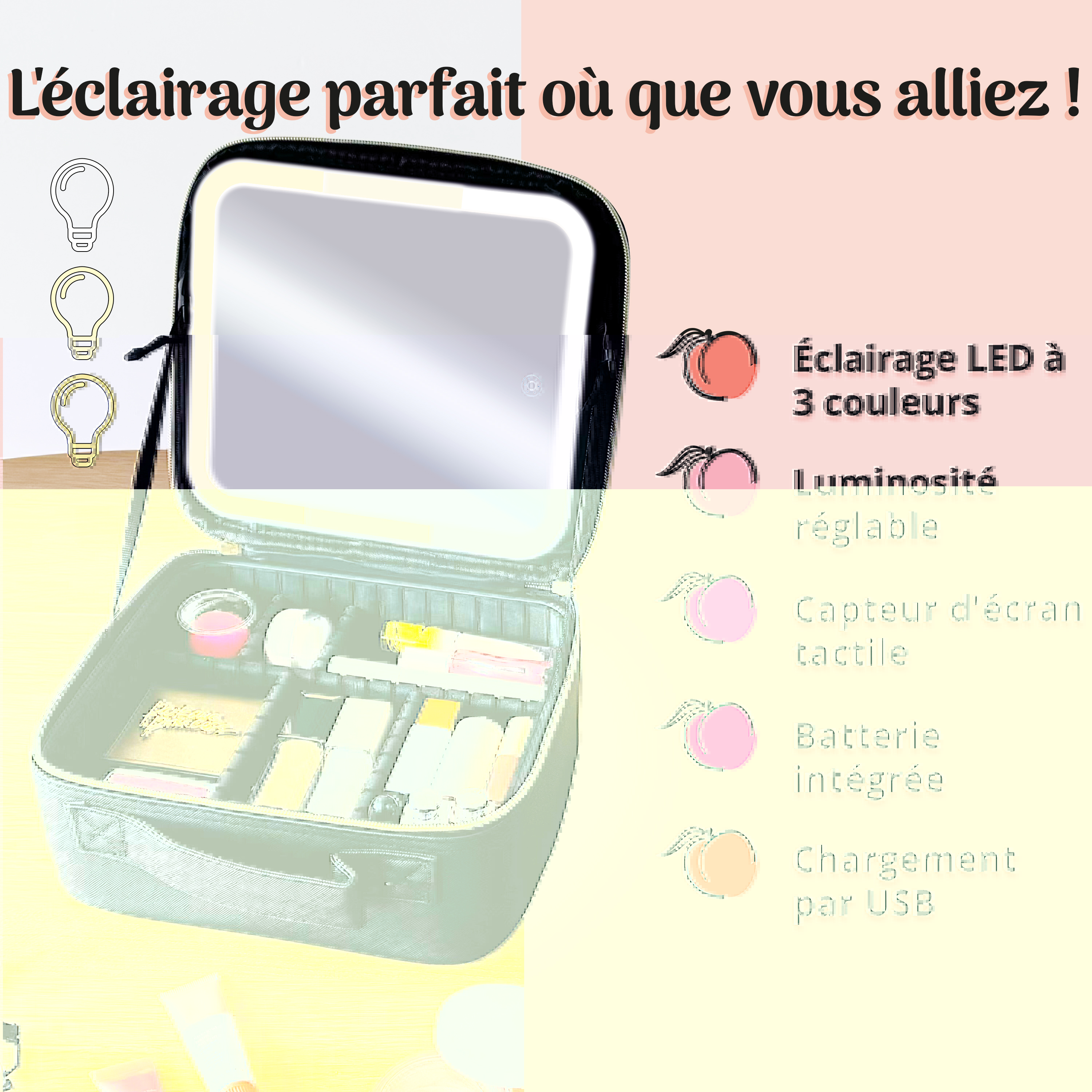 Miroir de maquillage avec une large gamme de modes d'éclairage pour toutes les situations