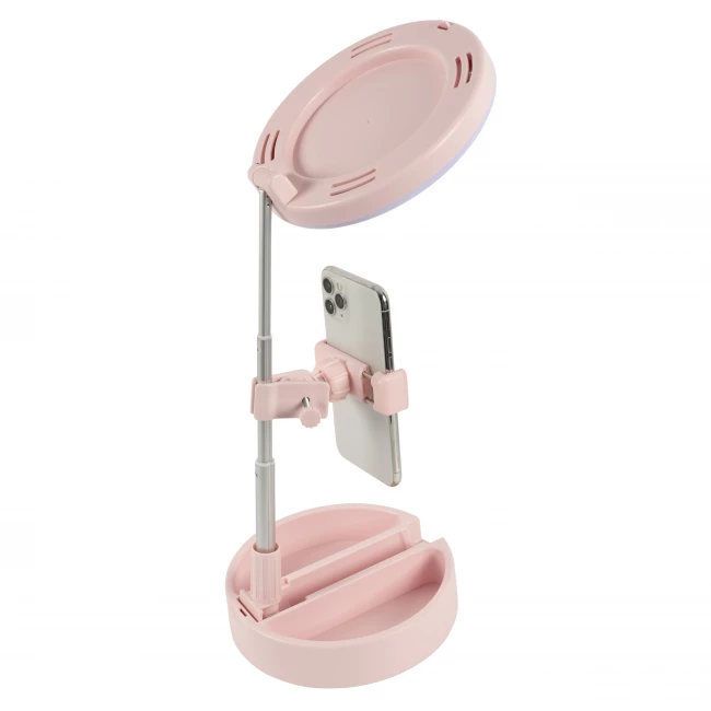 Miroir de maquillage LED avec support pour téléphone - Rose